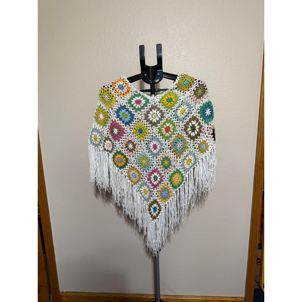 Boho Granny Square Crochet Poncho White Multi Color Fringe Festival‎ Wrap New